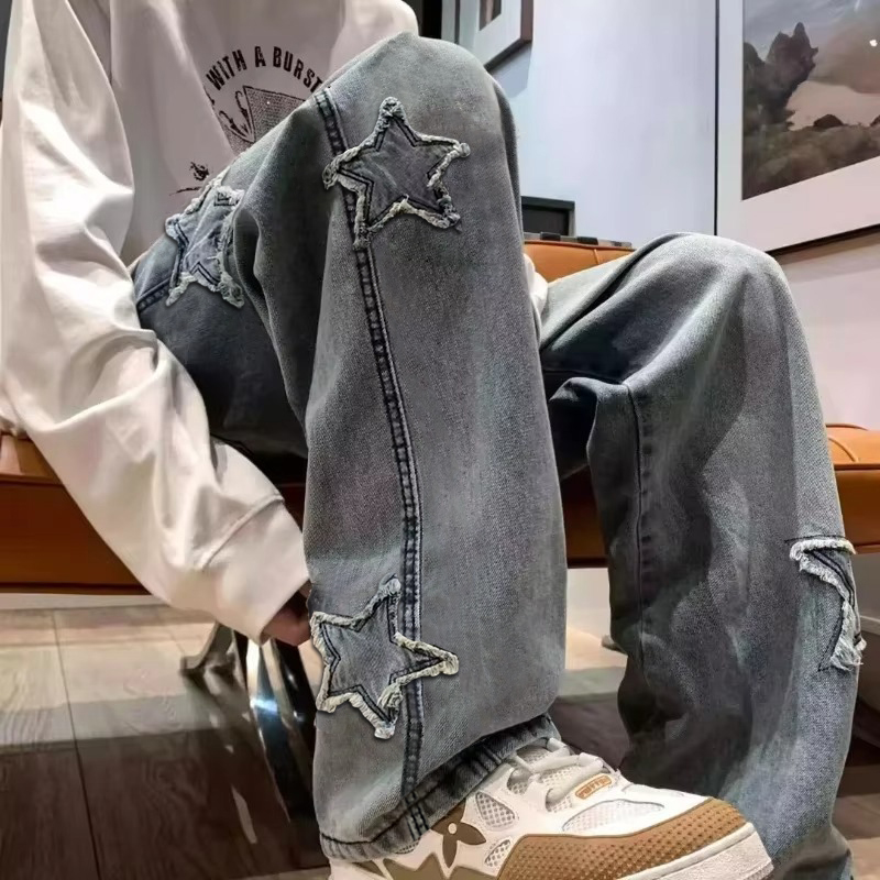 Men'S Fashion With Baggy Jeans - Nova estrela masculina bordada moda baggy