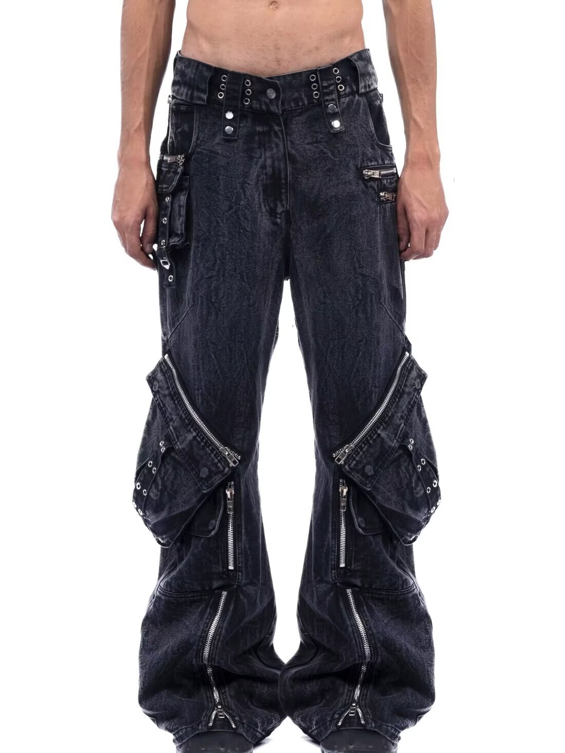 Men'S Fashion With Baggy Jeans - Y2k preto gótico punk multi-bolso zíper