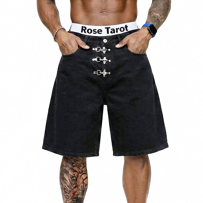 Men'S Fashion With Baggy Jeans - Calças Jeans Curtas com Fivela de