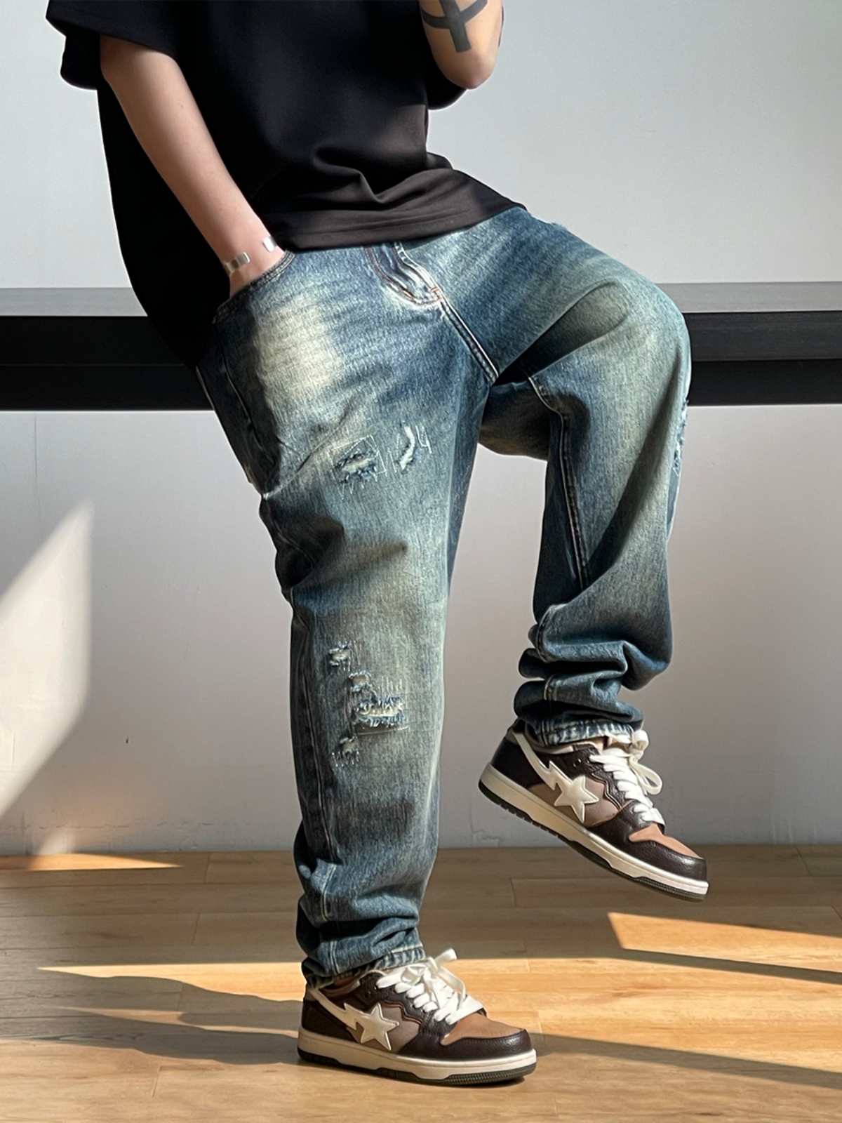 Moda coreana rasgado jeans bag - Men'S Fashion With Baggy Jeans avaliação e preço